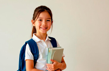 A school banner depicting a smiling girl in a school uniform with a book and a backpack in her hands on a neutral background. It is ideal for educational campaigns and "Back to School"