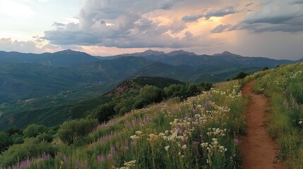 Obraz premium Serene lakeside trail with calm reflective waters, wooden dock extending into the lake, surrounded by morning mist and peaceful natural landscape, tranquil outdoor nature concept