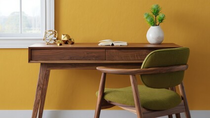 Mid-Century Modern Home Office with Vintage Wooden Furniture and Natural Light
