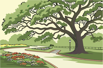 Fototapeta premium 168 a large, lush and sprawling green tree canopy, intricate and ornate trunk formations, colorful and vibrant flower beds in the foreground, paved walkways, tranquil outdoor space, idyllic park setti