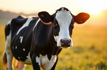 Close-up of black and white cow standing in green field. Natural rural background, ideal for agriculture, dairy farming, livestock promotion, and countryside-themed advertising visuals.