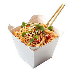 Noodles with chopsticks in a white takeout box on transparent background