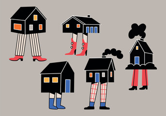 Various black small and tiny houses with human legs in cartoon comic style. Different pants and shoes. Creative houses-characters. Hand drawn vector retro illustration. Isolated design elements.