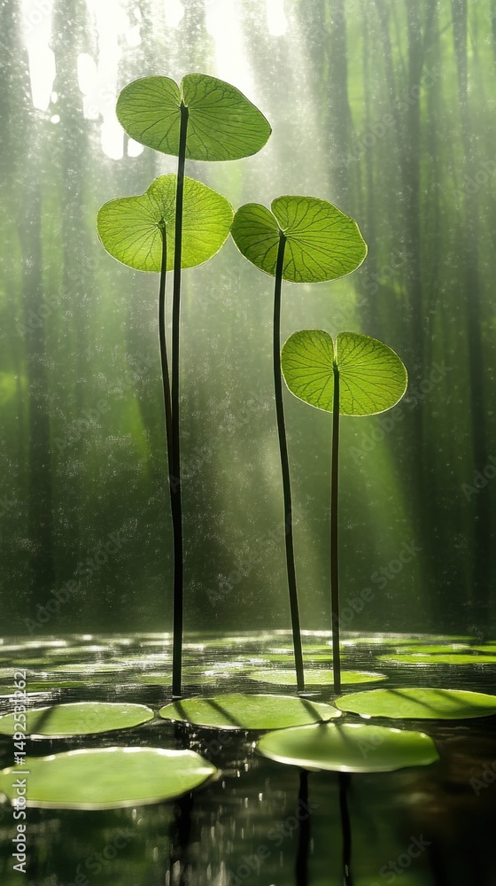 Poster lily pads emerging from water in forest pond with sunlight streaming through trees vertical view