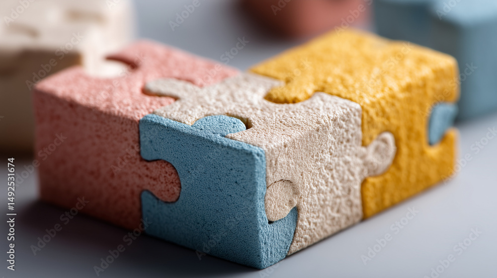 Poster harmony of minds: a colorful puzzle finds completion, each piece fitting seamlessly together to form