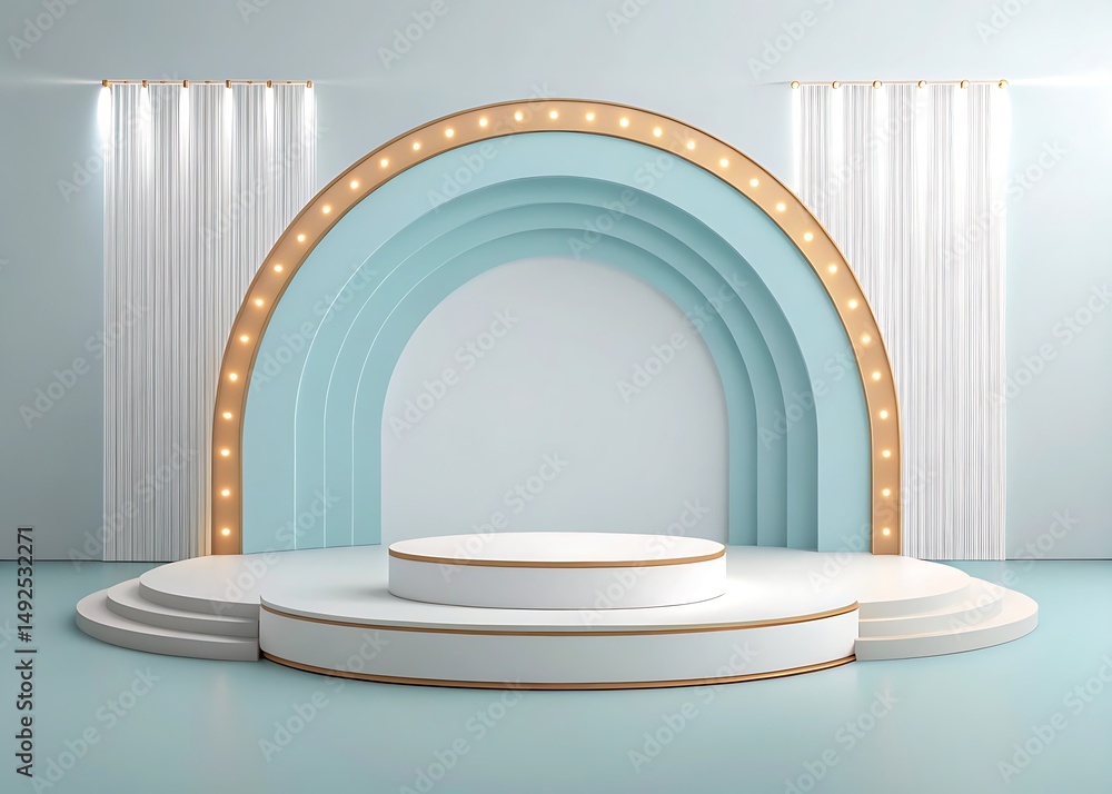 Poster elegant 3d rendered stage with arch lighting and minimalist design for product display