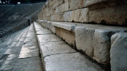 Weathered stone steps of an ancient amphitheater, bask in soft sunlight, invoking a sense of history and time's passage.