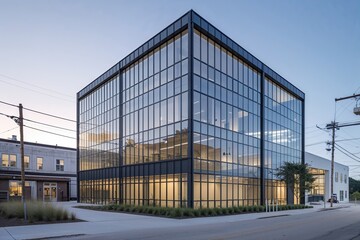 Modern Two-Story Minimalist Office Building Featuring Striking Glass Architecture in Industrial Design