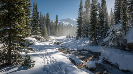 Tranquil snowy wilderness landscape with tall pine trees, a frozen stream, and visible animal footprints in pristine white snow representing winter solitude