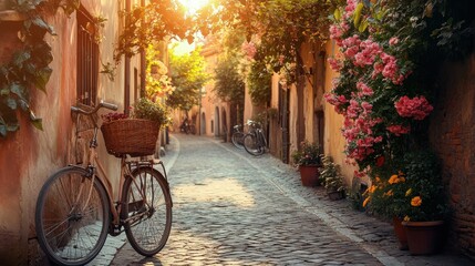 Fototapeta premium Rustic Cobblestone Street with Bicycle and Flowers in Warm Sunlight