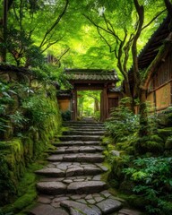 Serene Stone Steps Leading to Wooden Gate in Lush Green Japanese Garden Landscape View