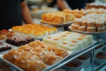 Various sweet treats displayed on buffet trays.