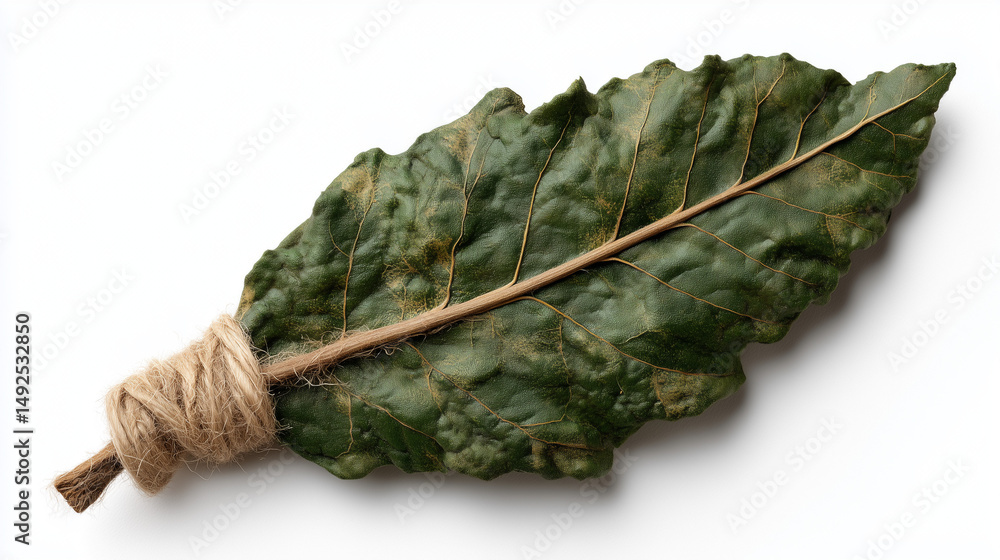 Poster leaf in nature: a close-up of a dried leaf, meticulously bound with natural twine. the image capture