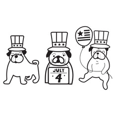 Dogs wearing costumes for 4th of July. Outline design. Vector hand drawn illustrations on white background..