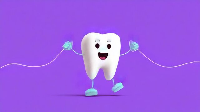 Oral hygiene and Floss concept ,Dancing Tooth Character in Cartoon Animation with Dental Floss on Vibrant Purple Background