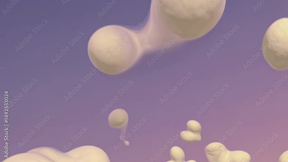 Poster several heart-shaped and round clouds are floating gently against a gradient purple and pink sky, cr