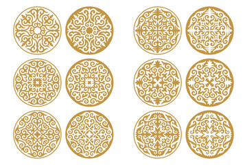 Vector Set of different gold ornaments in Kazakh style isolated on a white background. Round decor in two variant the positive and negative. Elements of the national pattern of the ancient nomads