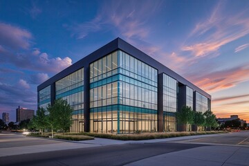 Obraz premium Contemporary Glass Facade Commercial Building Exterior with Evening City Skyline