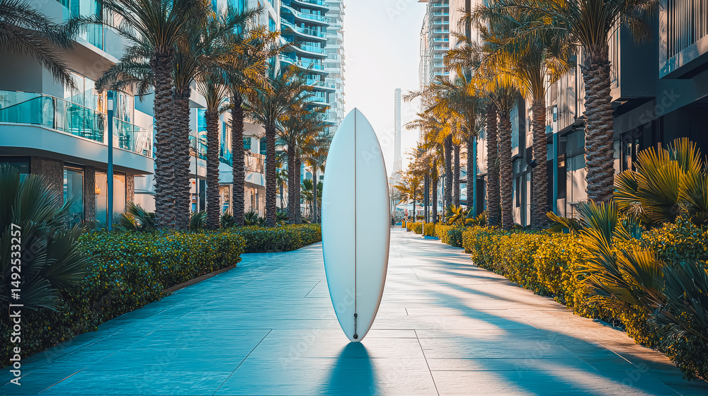 Poster white surfboard is sitting on a sidewalk in front of a building. the scene is set in a city with pal