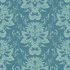 Seamless Blue Damask Pattern with Floral Ornaments