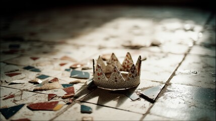 A discarded crown lies among broken tiles, a symbol of forgotten royalty and faded grandeur.