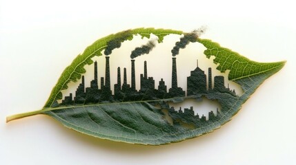 "Green Leaf with Industrial City Silhouette, Environmental Pollution Contrast, Damaged Foliage and Urban Smoke, Nature vs Urban Decay Art Print"