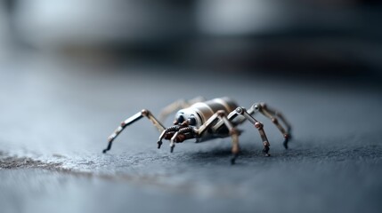 Fototapeta premium A blurred background sets focus on a metallic insect-like figure with articulated legs, emerging from a slick dark surface, evoking curiosity and futuristic themes.