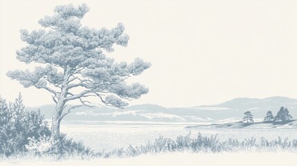 "Vintage Engraving Pine Tree Landscape, Sustainable Design Element, Blue Gray Watercolor Illustration, Eco-friendly Nature Art, Mountain Watercolor Graphic"