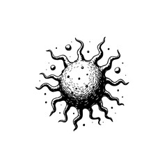Intricate black and white drawing of a celestial sun-like orb with radiant tendrils