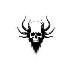 Eerie skull art featuring surrealistic horns against a stark white backdrop