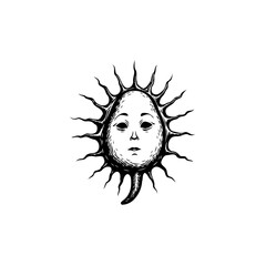 Monochrome solar entity with a human-like face, celestial abstract concept