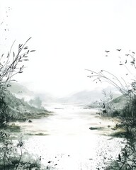 Fototapeta premium Serene watercolor landscape painting of a misty lake surrounded by mountains and reeds in a minimalist style featuring birds