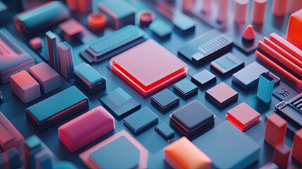 A close up of an abstract circuit board with various components and glowing elements in blue and red tones