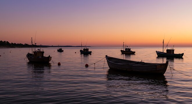 Sunset Silhouette: Coastal Boats at Rest