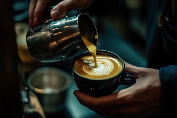 Expertly pouring milk art onto a latte