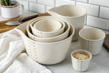 Stylish ceramic mixing bowls with measuring markings, kitchen utensils for cooking and baking, modern culinary tools on a countertop with natural elements