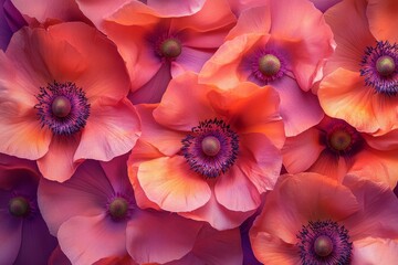 Fototapeta premium Close-up view of numerous vibrant coral and fuchsia poppies.