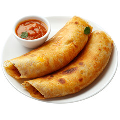 Two wraps with sauce on a white plate close up view on transparent background
