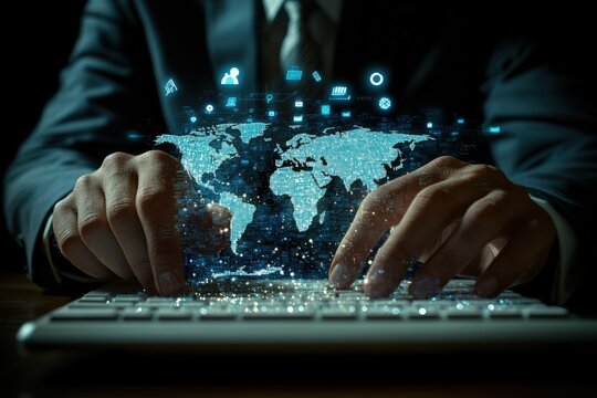 Businessperson's hands typing on a keyboard, holographic world map projected above