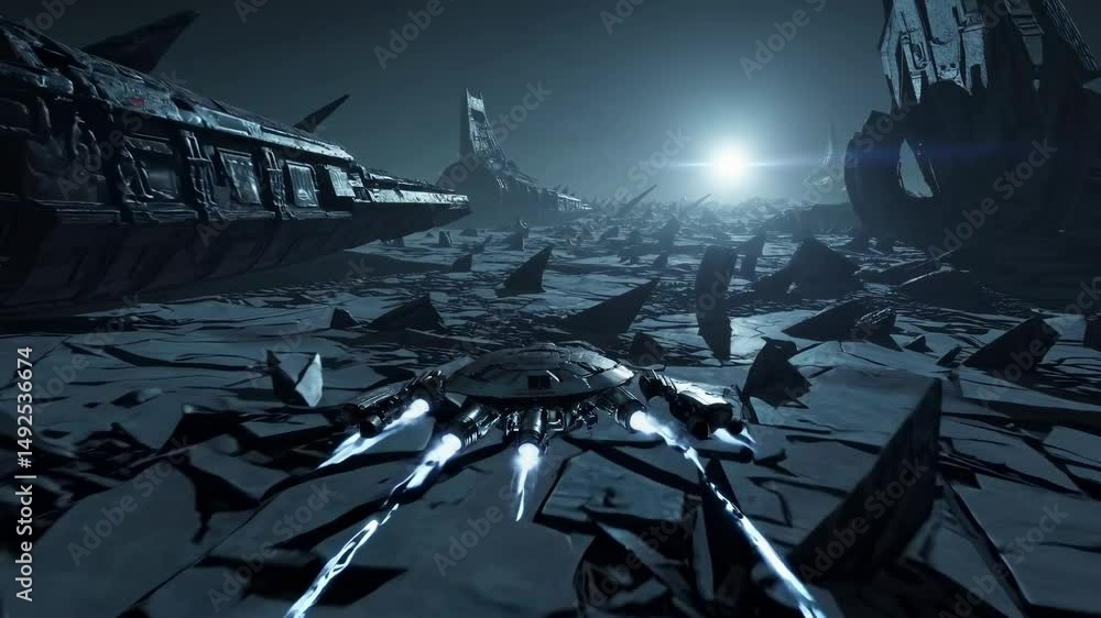 Poster futuristic spaceship is flying low over a desolate, rocky alien planet surface with crashed spaceshi