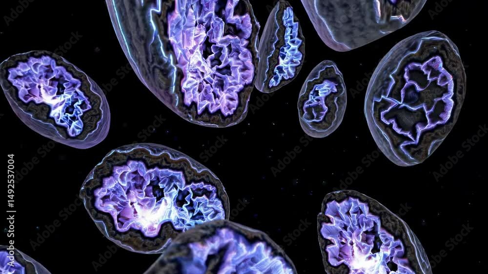 Poster luminous agate slices with intricate patterns and vibrant purple and blue hues floating against a da
