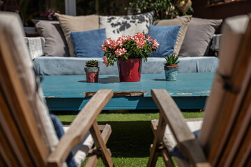 Charming outdoor patio with a blue coffee table, wooden chairs, and lush greenery