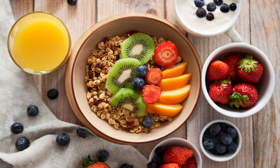 Top view of healthy breakfast with fresh fruits, granola, and yogurt on table in bright natural light, clean and minimal composition