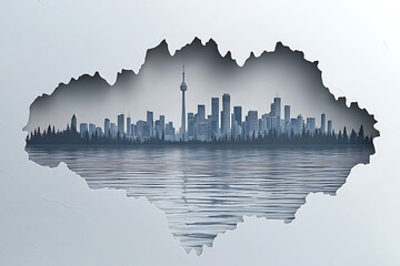 Urban skyline silhouette mirroring on calm water framed by a jagged mountainous edge against a neutral background.