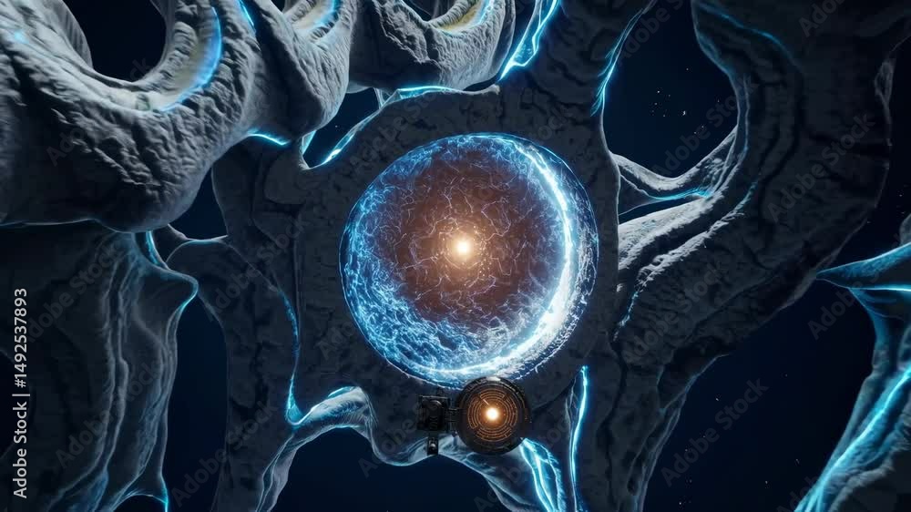 Poster futuristic spaceship with glowing lights is approaching a network of organic-looking structures floa
