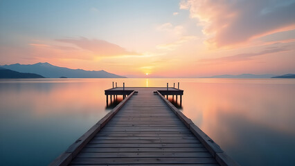 Obraz premium A Serene Wooden Pier Leading to the Horizon Over a Colorful and Calm Lake at Sunrise or Sunset