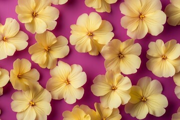 A top-down view of delicate pale yellow flowers on a vibrant magenta background.