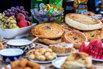 Uzbek national cuisine. traditional food in Central Asia with tests, food. The middle East. Oriental flavor