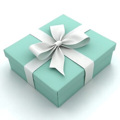 Obraz premium A rectangular turquoise gift box elegantly adorned with a white satin ribbon and a decorative bow on top awaiting its unwrapping.