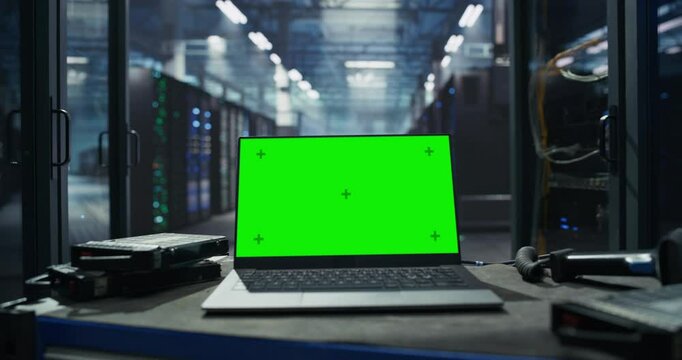 Data Center Facility with a Green Screen Mock Up Display on a Laptop. Computer Standing on a Table with Technological Hardware, Between Rows of Server Cabinets with Working Equipment. Zoom In Footage
